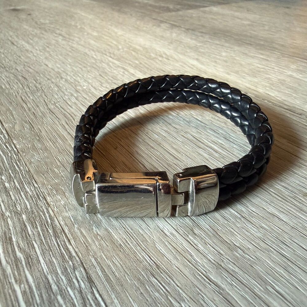 Mens Braided Black Leather Bracelet Double Strand Stainless Steel Clasp - Picture 2 of 3